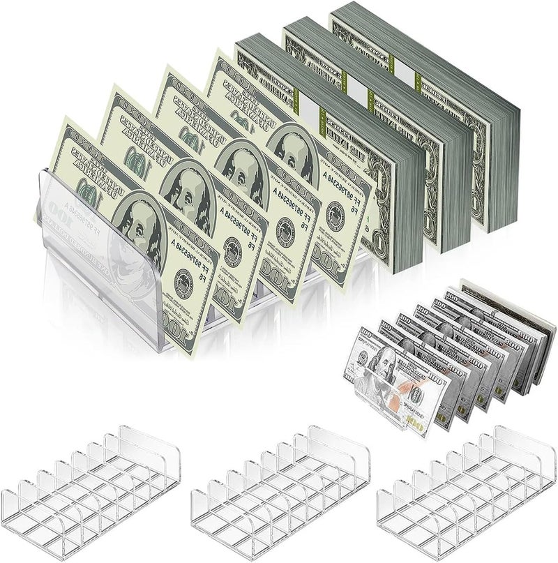 Nerjan 4 Pack Acrylic Money Organizer Cash Trays 7 Sections Clear Dividers Desk Organizer for Cash Envelope Mail Bill Card Makeup Palette and Other Small Items. - Image 1